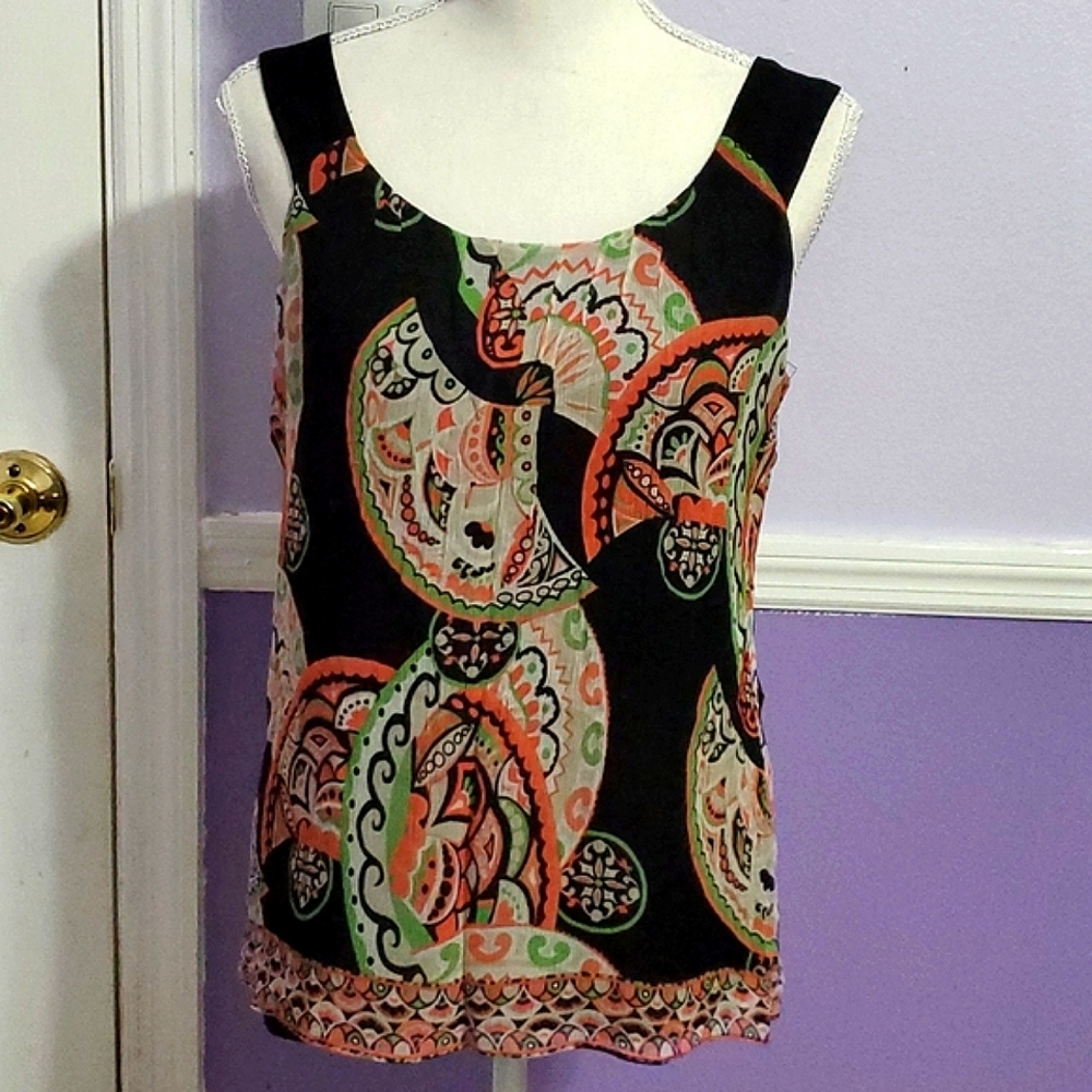 Saks Fifth Avenue Black Oriental Print Chic Flowy Sleeveless Silk Top 4